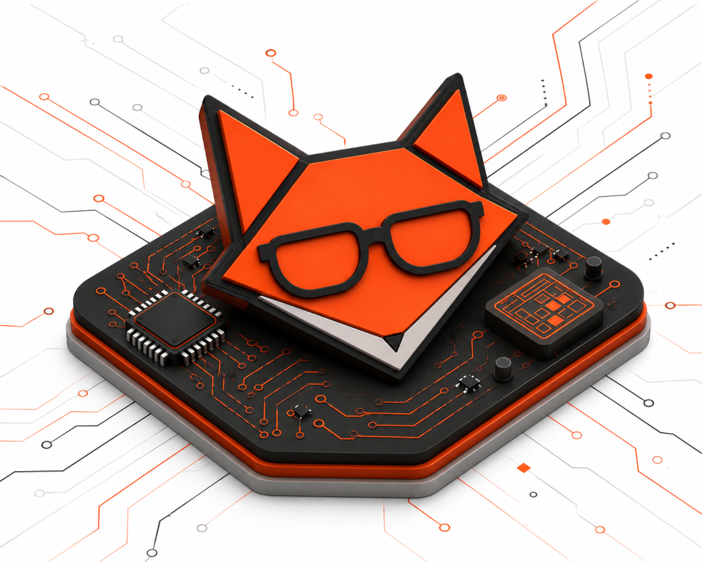 Close-up of an orange circuit board with an IC chip